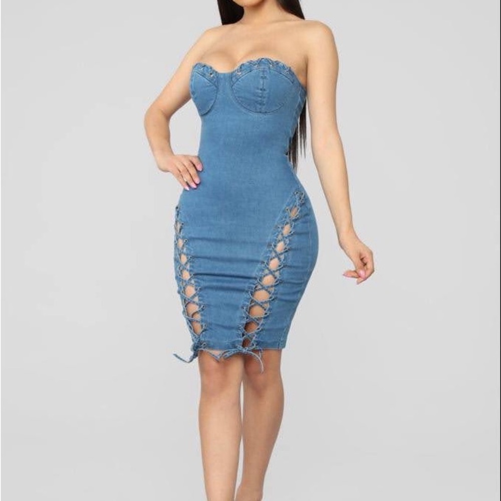 Fashion Nova Strapless Lace-Up Denim Dress
